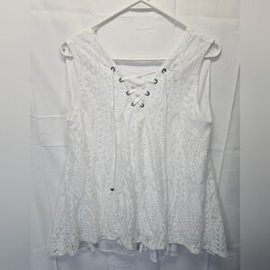 Rain Lace-Up Eyelet Lace Lined Tank Top - White EUC, Sz M